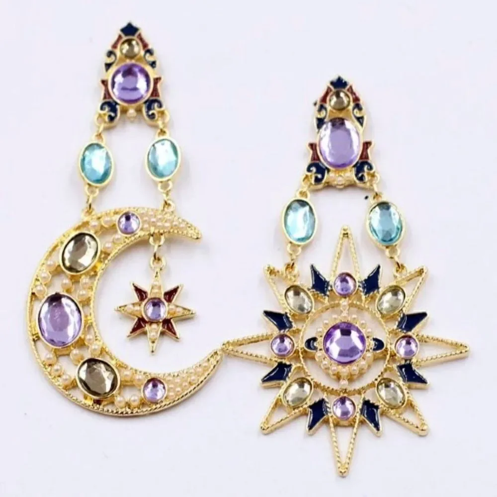 CRYSTAL PEARL CELESTIAL MOON AND SUN STAR DANGLE EARRINGS